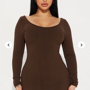 Brown Long Sleeve Ribbed Dress